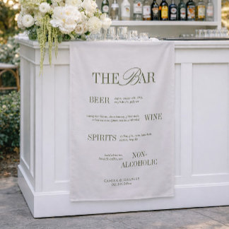 Old Money White and Green Wedding Bar Fabric Sign