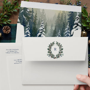 Old Money Winter Forest Monogram Crest Christmas Envelope