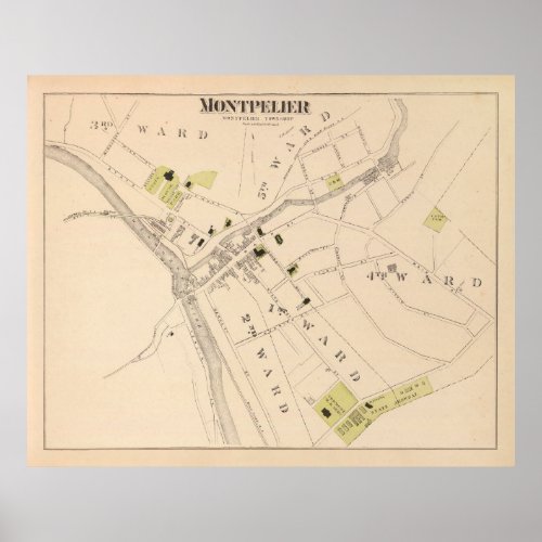 Old Montpelier VT Map 1876 Vermont Capital  Poster