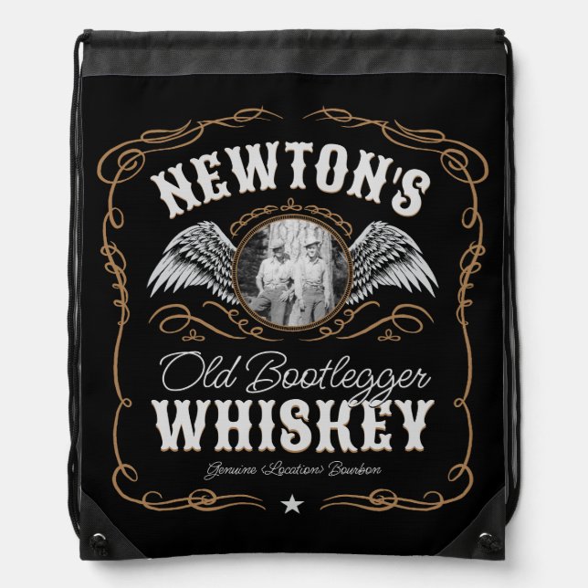  Old Moonshine Whiskey Label ADD PHOTO Family Name Drawstring Bag (Front)