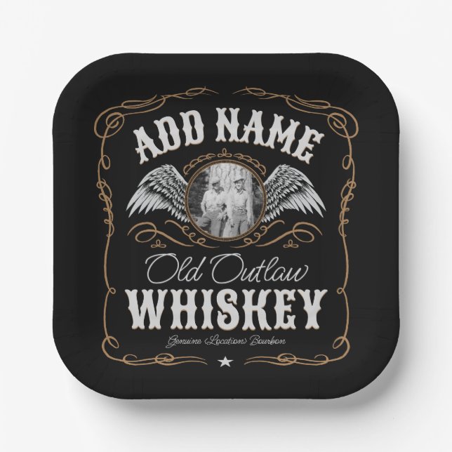  Old Moonshine Whiskey Label ADD PHOTO Family Name Paper Plates (Front)