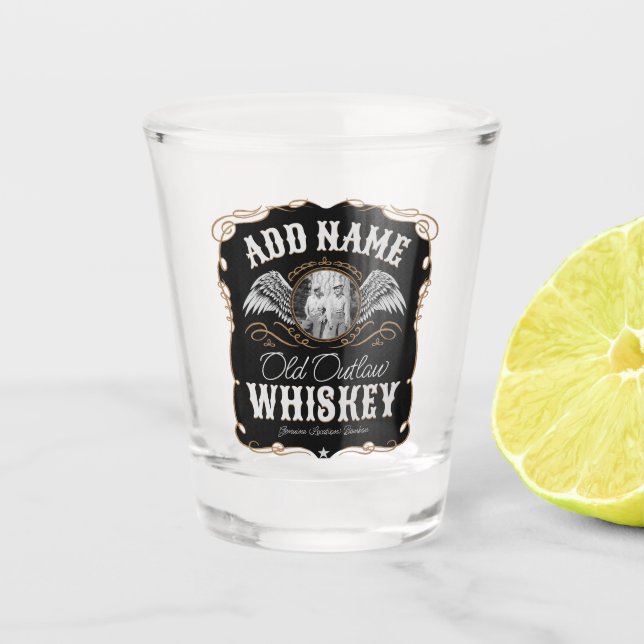  Old Moonshine Whiskey Label ADD PHOTO Family Name Shot Glass (Front)
