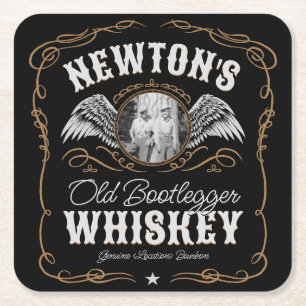 Old Moonshine Whiskey Label ADD PHOTO Family Name Square Paper Coaster