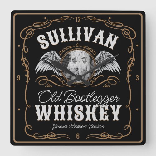  Old Moonshine Whiskey Label ADD PHOTO Family Name Square Wall Clock