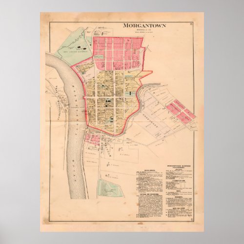 Old Morgantown WV Map 1886 Vintage West Virginia Poster