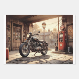 Old motorcycle in a garage with oil pump wrapping paper sheets