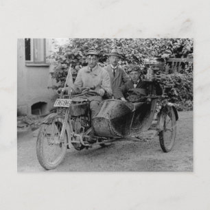 Old motorcycle with side car vintage B&W photo Postcard