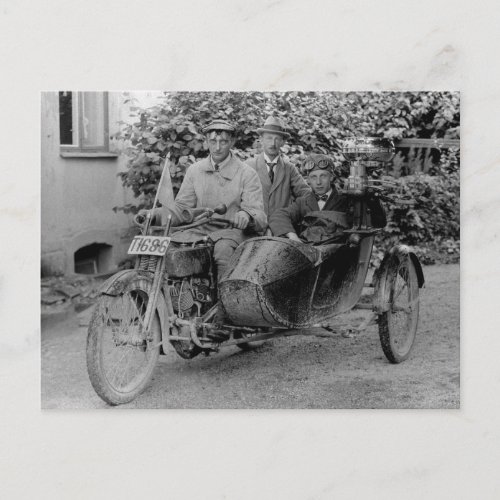 Old motorcycle with side car vintage  BW photo Postcard