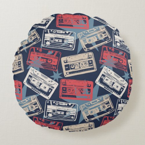 Old Music Cassettes Vintage Seamless Round Pillow