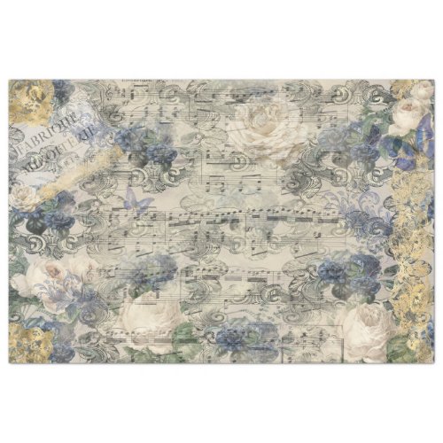 Old Music Sheet French Gold Navy Blue Flowers