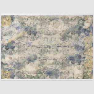 Old Music Sheet French Gold Navy Blue Flowers