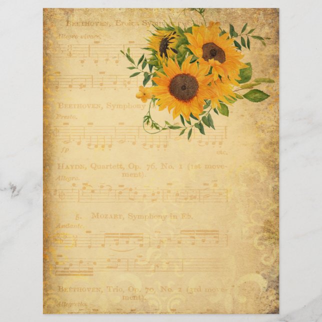 Old Music Sheet & Sunflowers Scrapbook Paper (Front)