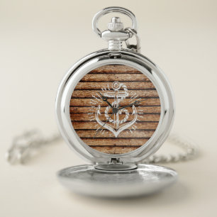 Old Nautical Anchor Wood Pocket Watch