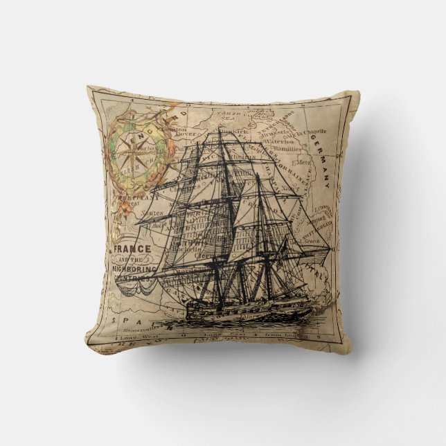 Old Nautical Map Decorative Accent Throw Pillow (Front)