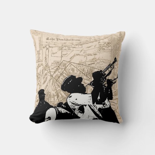 Old New Orleans Map with Brass Band Throw Pillow