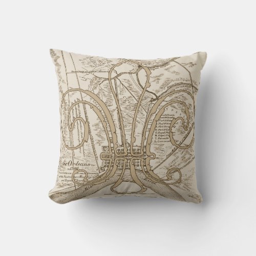 Old New Orleans Map with Fleur Throw Pillow