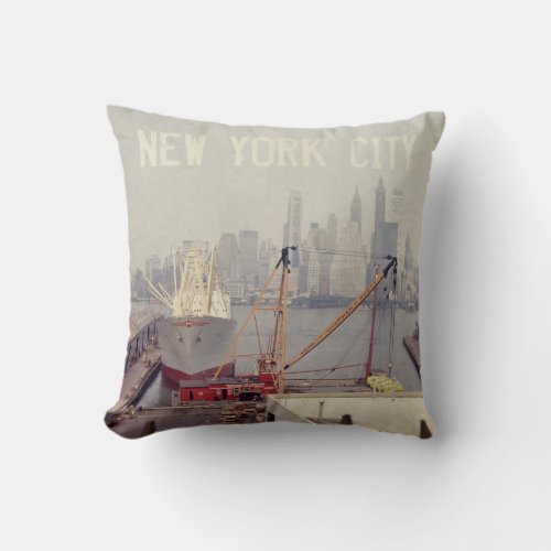 Old New York City Skyline 1950s Harbor Shipyard Throw Pillow