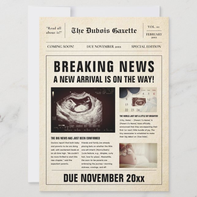 Old Newspaper Baby Reveal Pregnancy Announcement (Front)