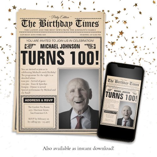 Old Newspaper Custom Photo 100th Birthday Party  Invitation