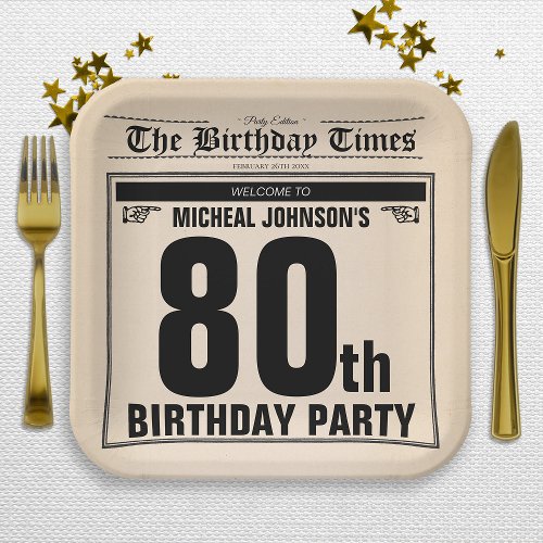  Old Newspaper Fun 80th Birthday Party Custom Paper Plates