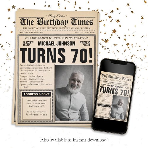 Old Newspaper Fun Photo Custom 70th Birthday Party Invitation