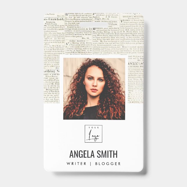 OLD NEWSPAPER TEXTURE EMPLOYEE PHOTO BARCODE NAME BADGE (Front)