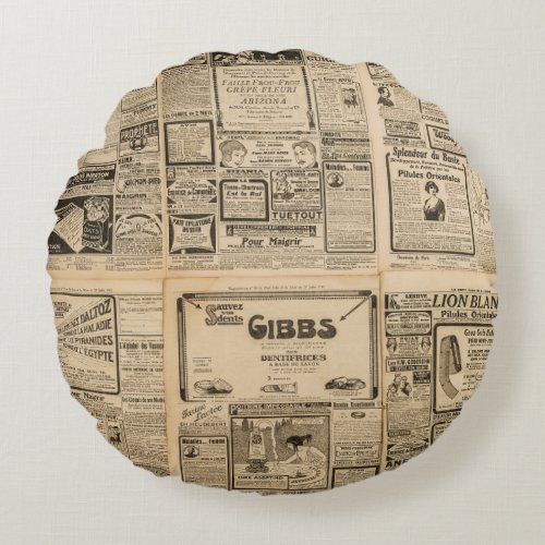 Old newspaper vintage paper background round pillow