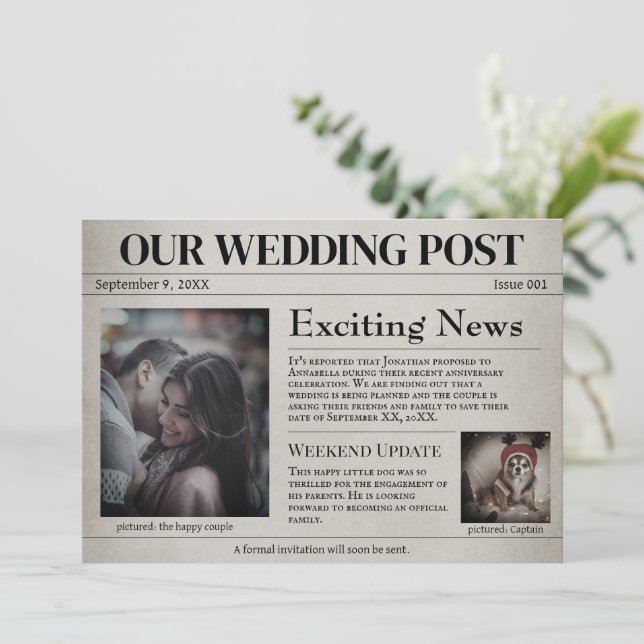 Old Newspaper Wedding Save the Date Invitation (Standing Front)