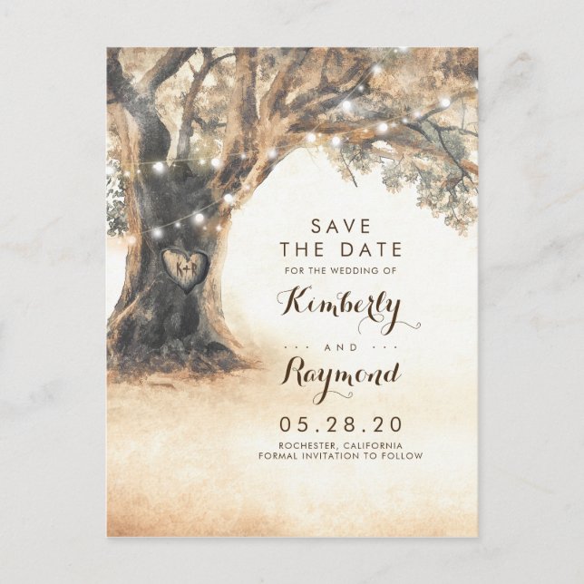 Old Oak Tree and Carved Heart Save the Date Announcement Postcard (Front)