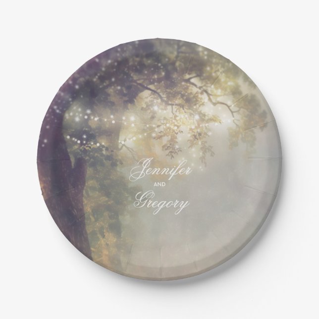 Old Oak Tree and String Lights Rustic Dreamy Paper Plates (Front)