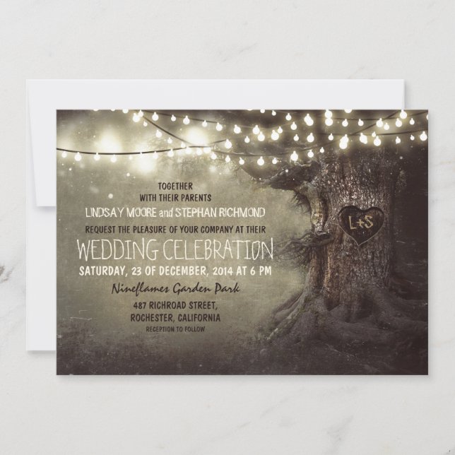 Old Oak Tree and Wood Heart Rustic Country Invitation (Front)