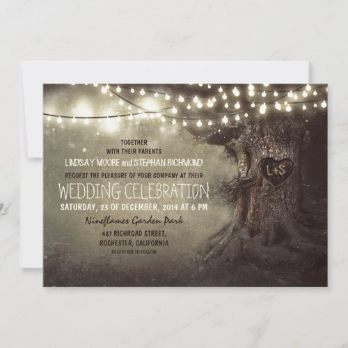 Old Oak Tree and Wood Heart Rustic Country Invitation