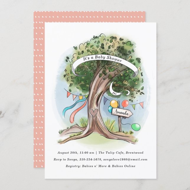 Old Oak Tree Balloons Flag Party Baby Shower Invitation (Front/Back)