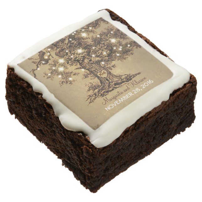 old oak tree rustic string lights wedding brownie (Angled)