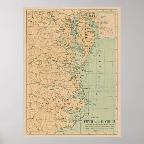 Old Outer Banks  Chesapeake Bay Lighthouse Map Poster