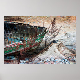 Old Painted Wood Boat Abandoned on Beach Poster