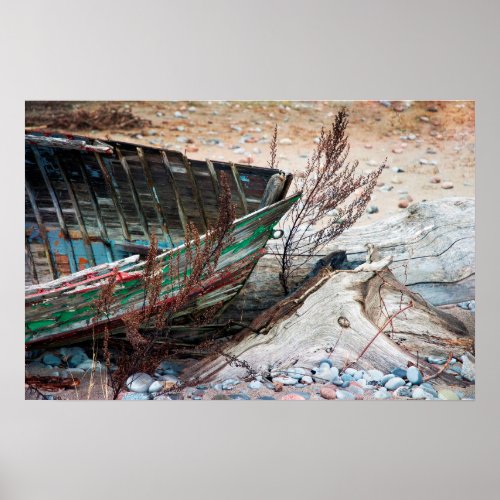 Old Painted Wood Boat Abandoned on Beach Poster