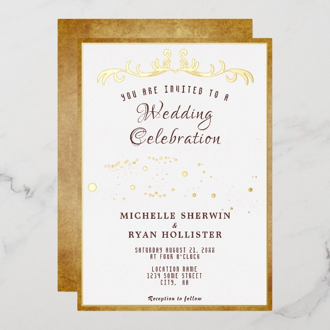 Old Paper Ornament Romantic Old Fashion Wedding Foil Invitation (Front/Back)