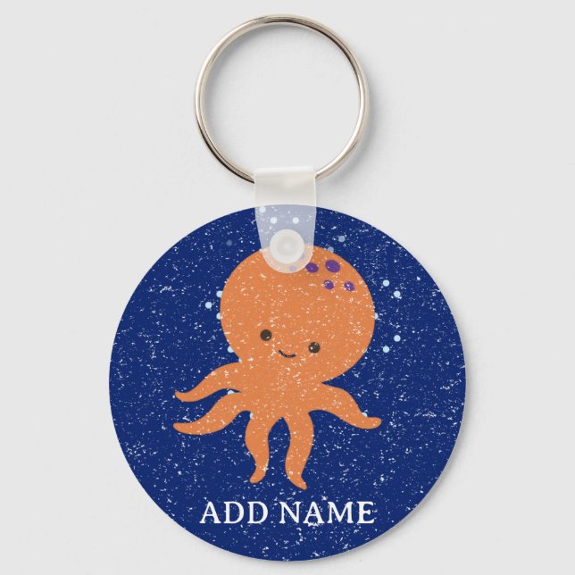 Old Paper Print Cute Octopus Cartoon Custom Name Keychain (Front)