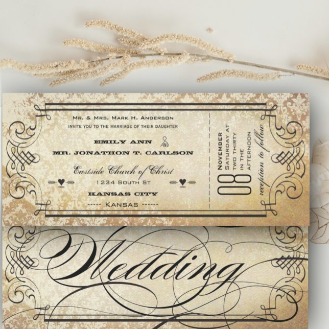 Old Paper Ticket Flourish Typography Wedding Invitation (Creator Uploaded)
