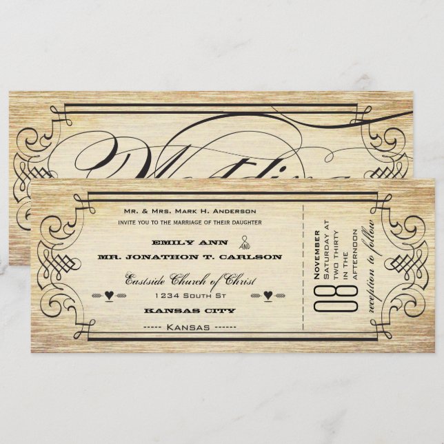 Old Paper Ticket Flourish Typography Wedding Invitation (Front/Back)