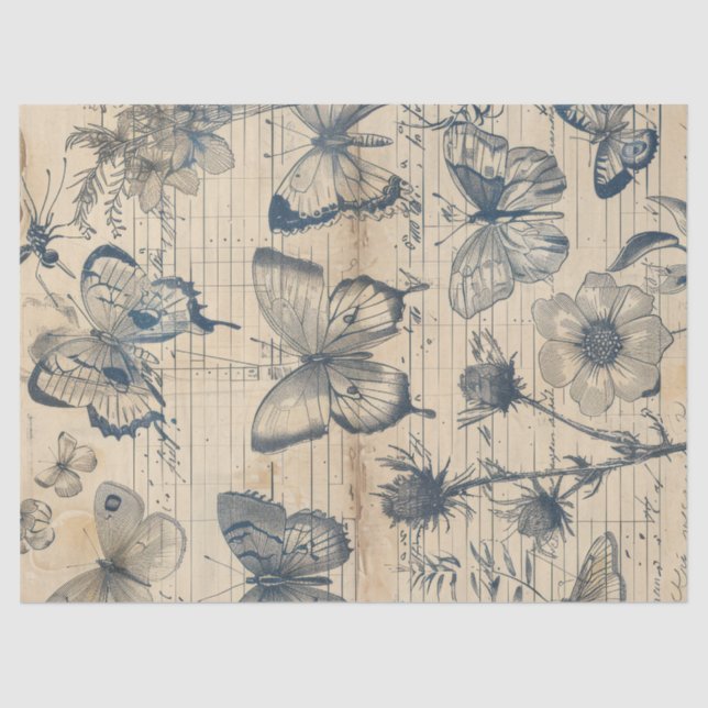 Old paper with monochrome ink butterflies roses (Front)