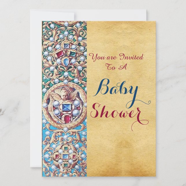 OLD PARCHMENT GEMSTONES,PEARLS,ANGELS Baby Shower Invitation (Front)