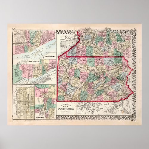 Old Pennsylvania  Various Cities Map 1874  Poster