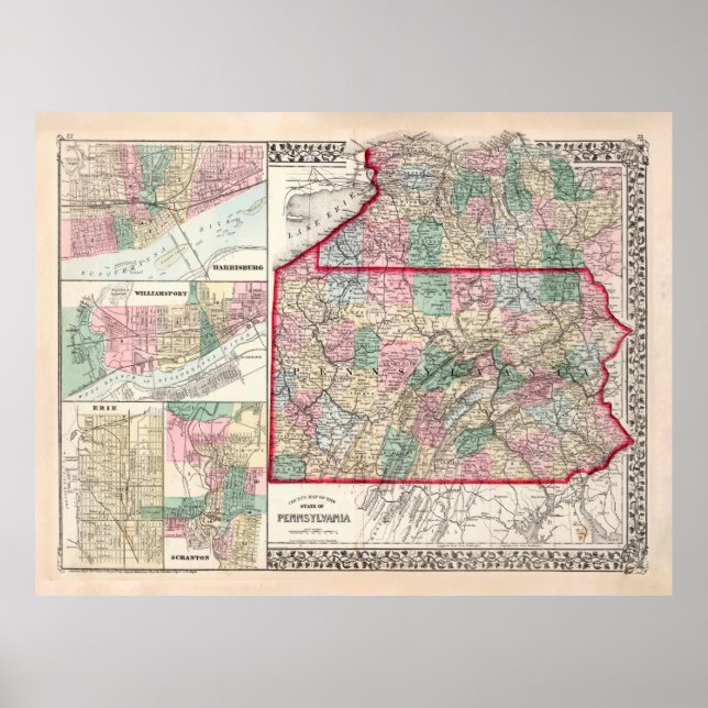 Old Pennsylvania & Various Cities Map (1874)  Poster (Front)