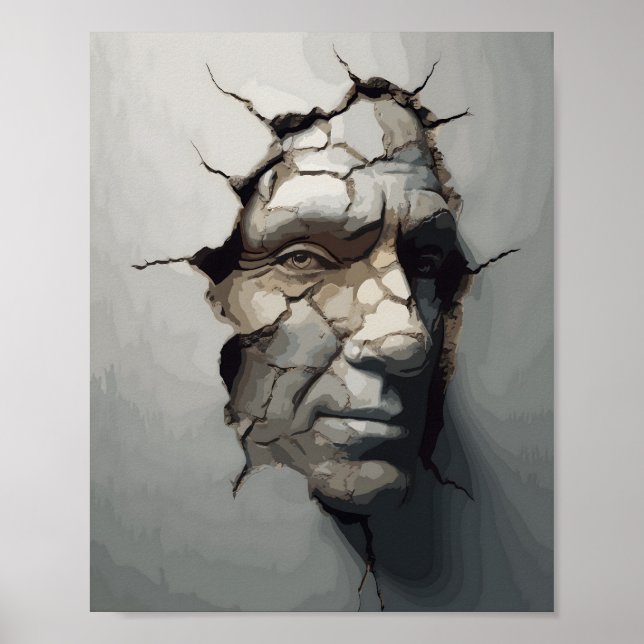 Old Person Face Protruding From The Old Plaster Poster (Front)