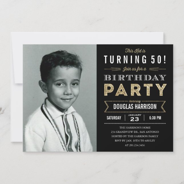 Old Photo Adult Birthday Party Invitations - Black (Front)