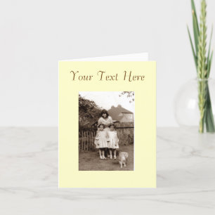 Old photo identical twin girl sisters and cat card