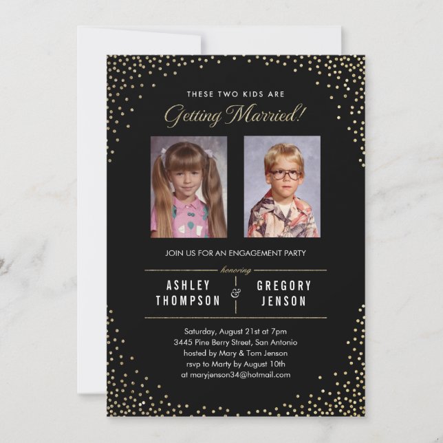 Old Photo Modern Gold Sparkle Engagement Invites (Front)