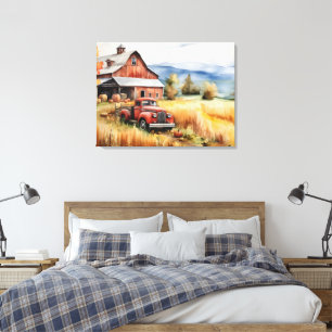 Old Pickup Truck and Red Barn in Autumn 32x24 Canvas Print